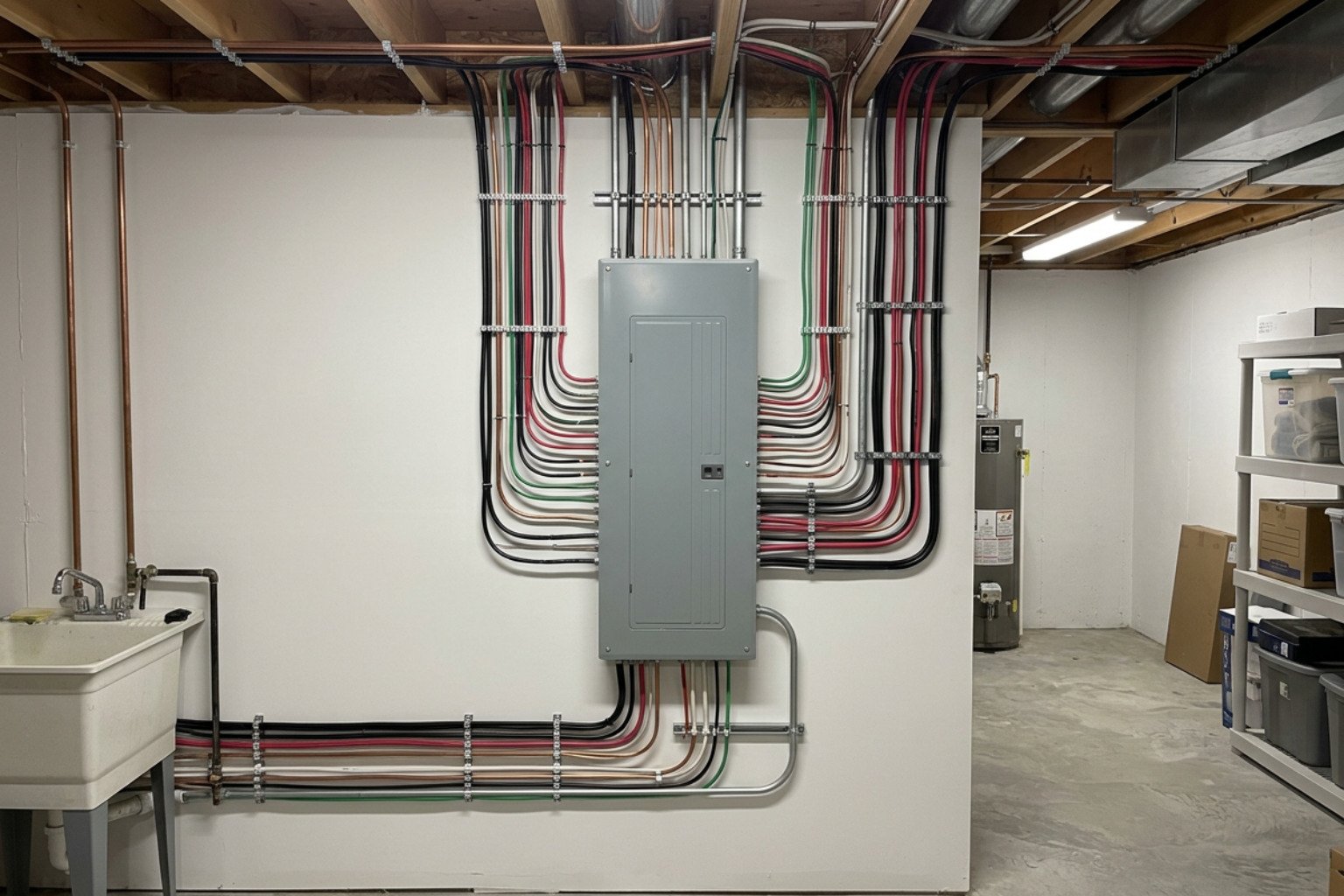 electrical panel installation in a finished US basement utility room