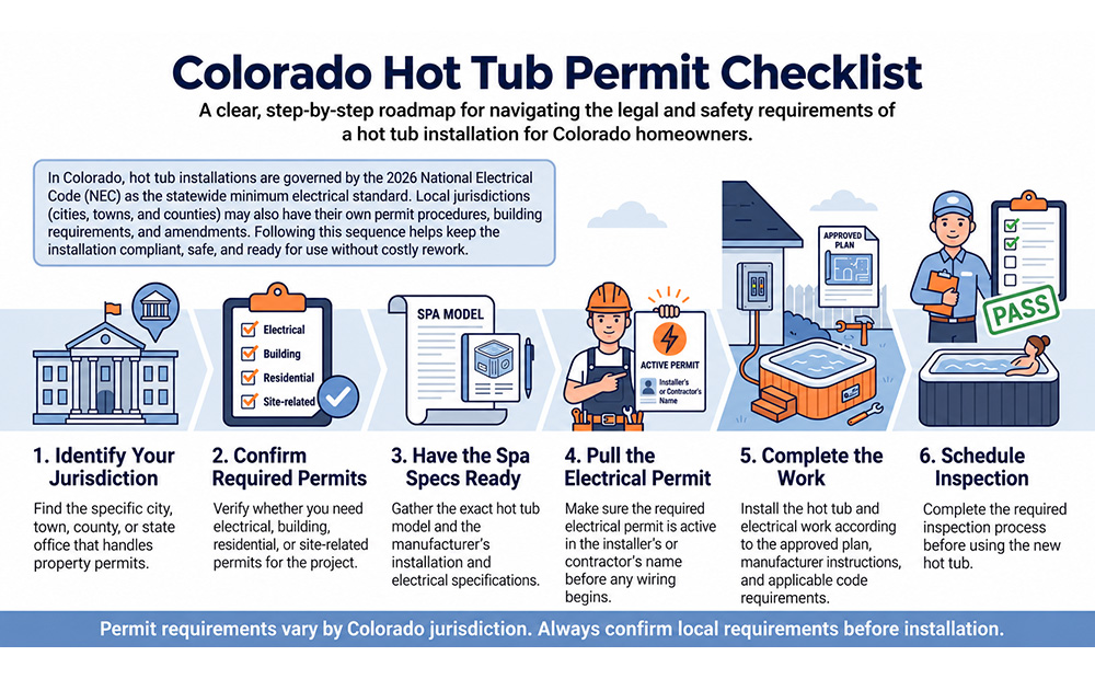 Colorado hot tub permit checklist infographic showing six steps for homeowners: identify the local jurisdiction, confirm required permits, gather the spa specifications, pull the electrical permit, complete the installation, and schedule the final inspection. Permit requirements vary by Colorado jurisdiction.